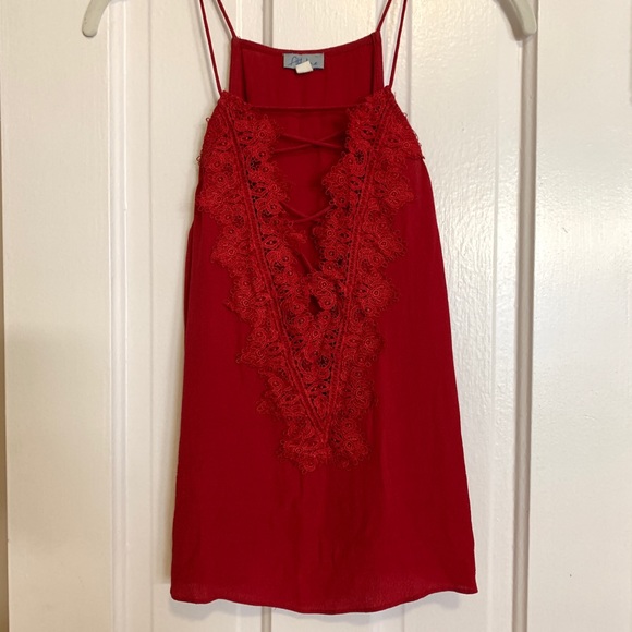 ABBELINE Red Tank w/ Lace V Neck - Picture 3 of 7